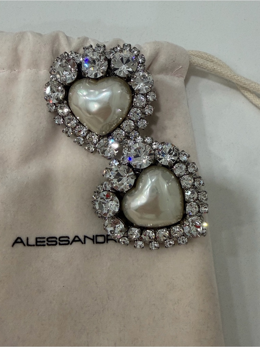 Alessandra Rich Pearl Heart Crystal Earrings in Silver and White
